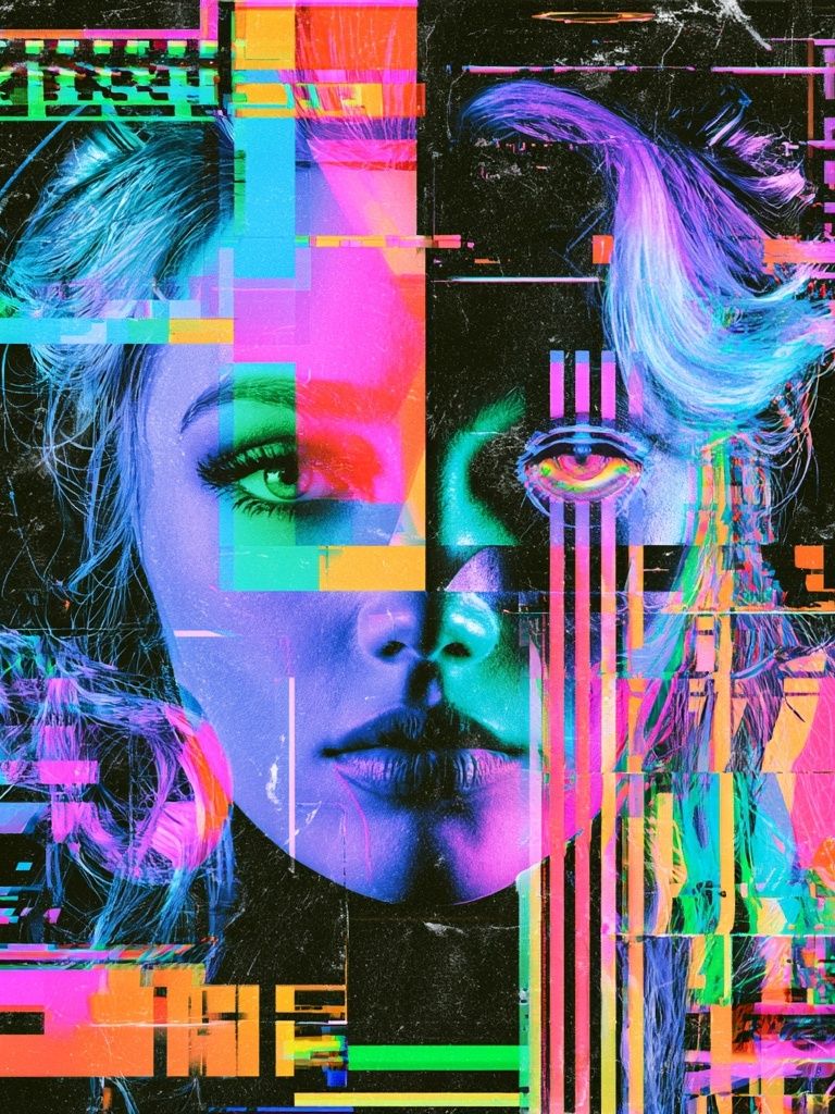 Glitch Portrait Neon Poster. poster — illustration art