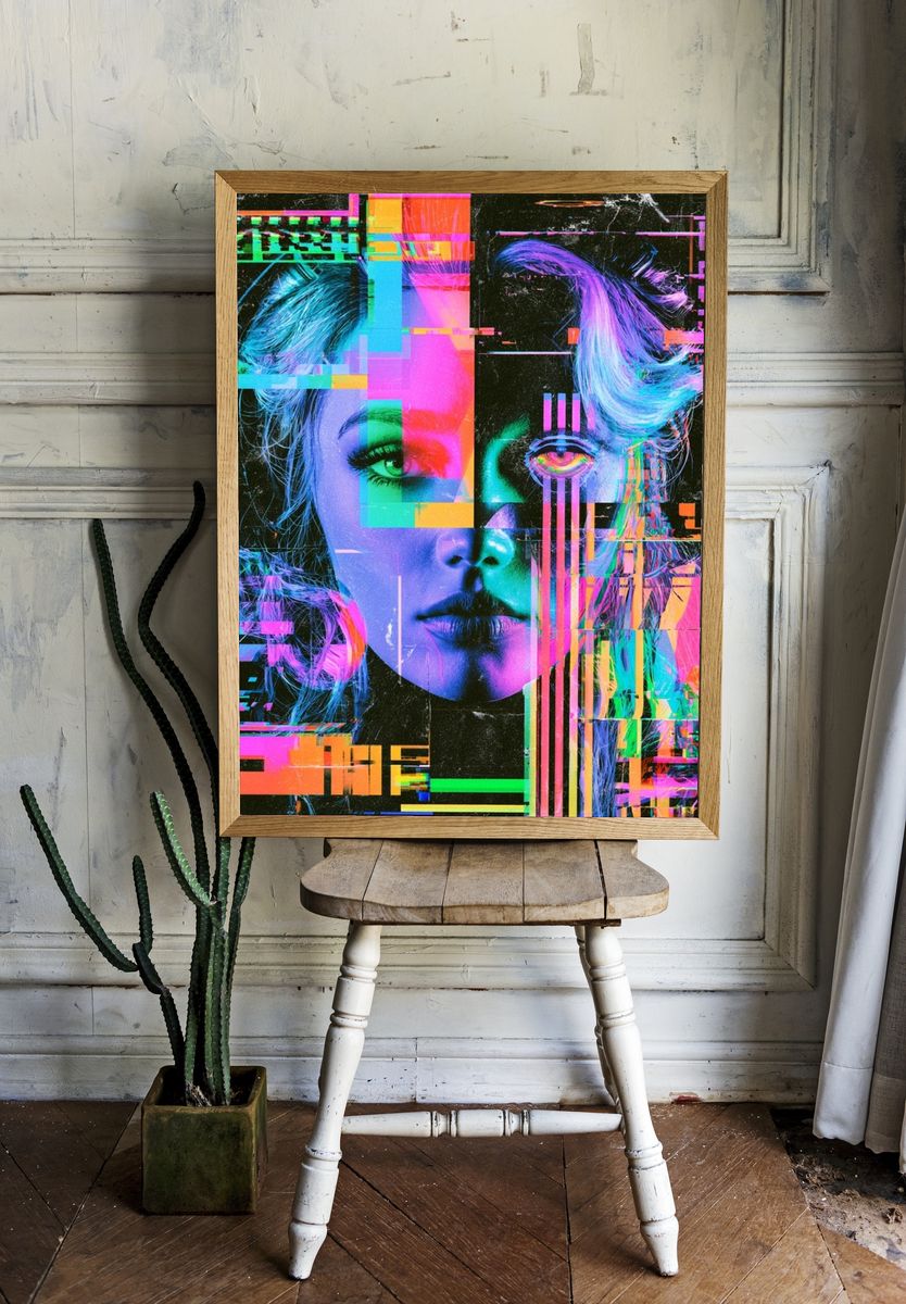 Glitch Portrait Neon Poster. — room view 1