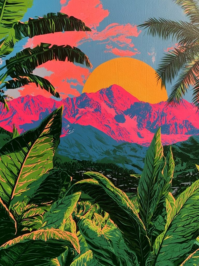 Tropical Sunset Mountains Illustration Poster. poster — illustration art