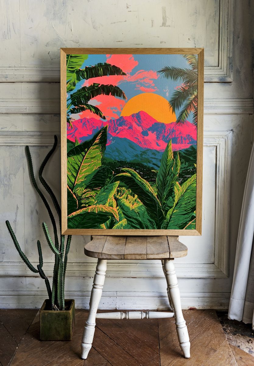 Tropical Sunset Mountains Illustration Poster. — room view 1