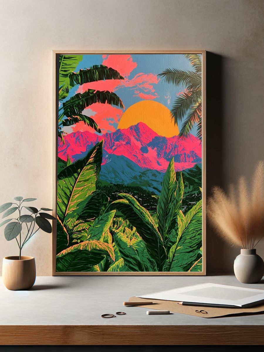 Tropical Sunset Mountains Illustration Poster. — room view 2
