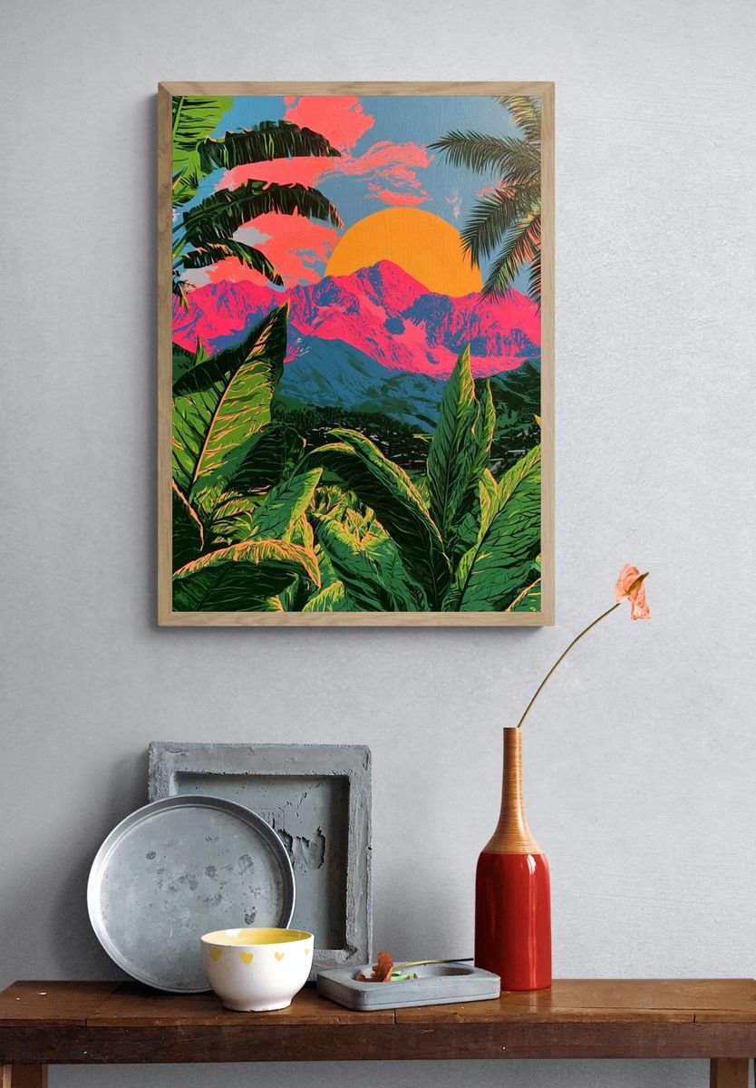 Tropical Sunset Mountains Illustration Poster. — room view 3