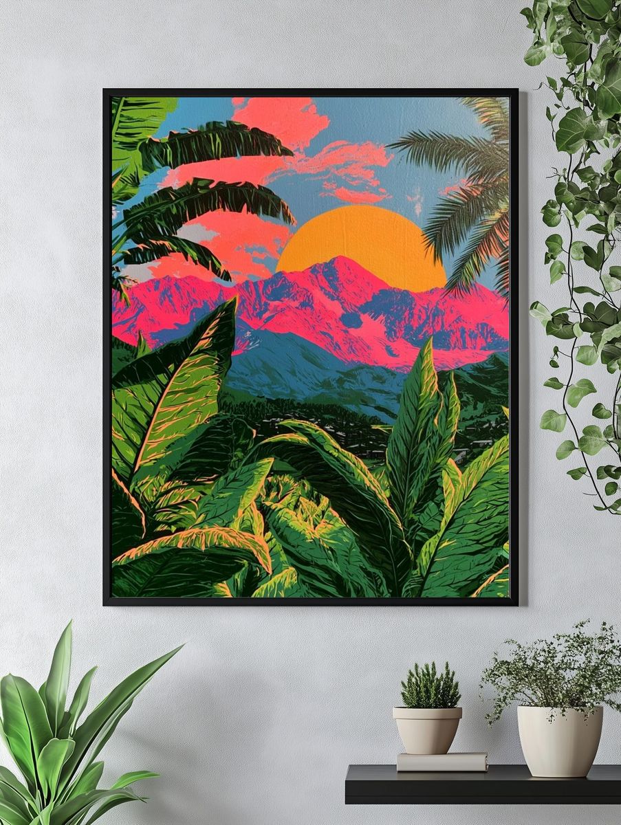 Tropical Sunset Mountains Illustration Poster. — room view 4
