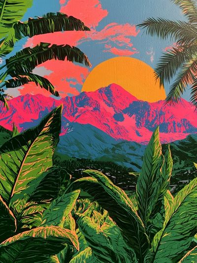 Tropical Sunset Mountains Illustration Poster. poster