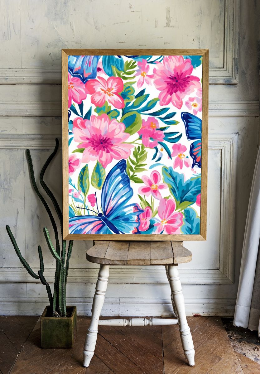 Tropical Butterfly Floral Illustration Poster. — room view 1