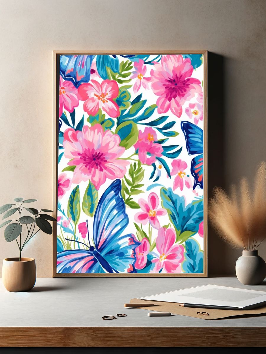 Tropical Butterfly Floral Illustration Poster. — room view 2