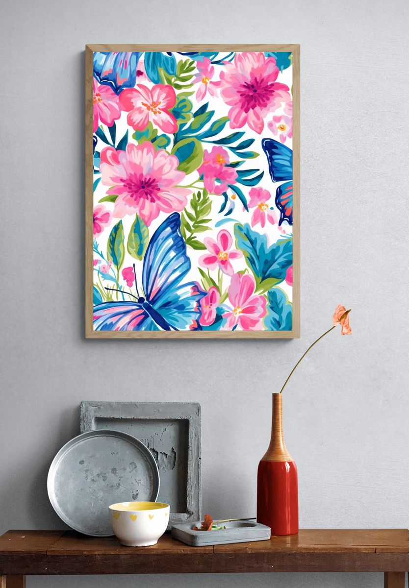 Tropical Butterfly Floral Illustration Poster. — room view 3