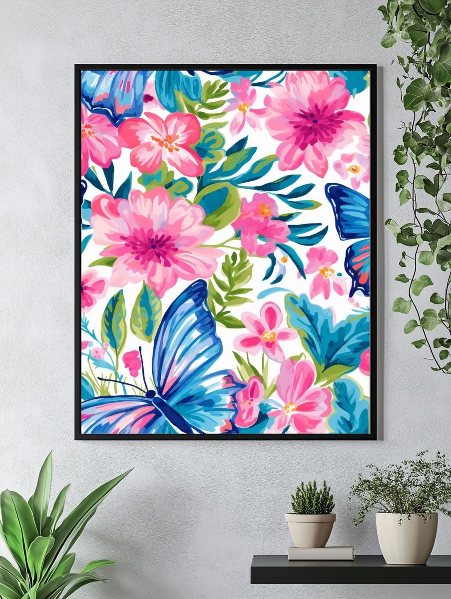 Tropical Butterfly Floral Illustration Poster. — room view 4