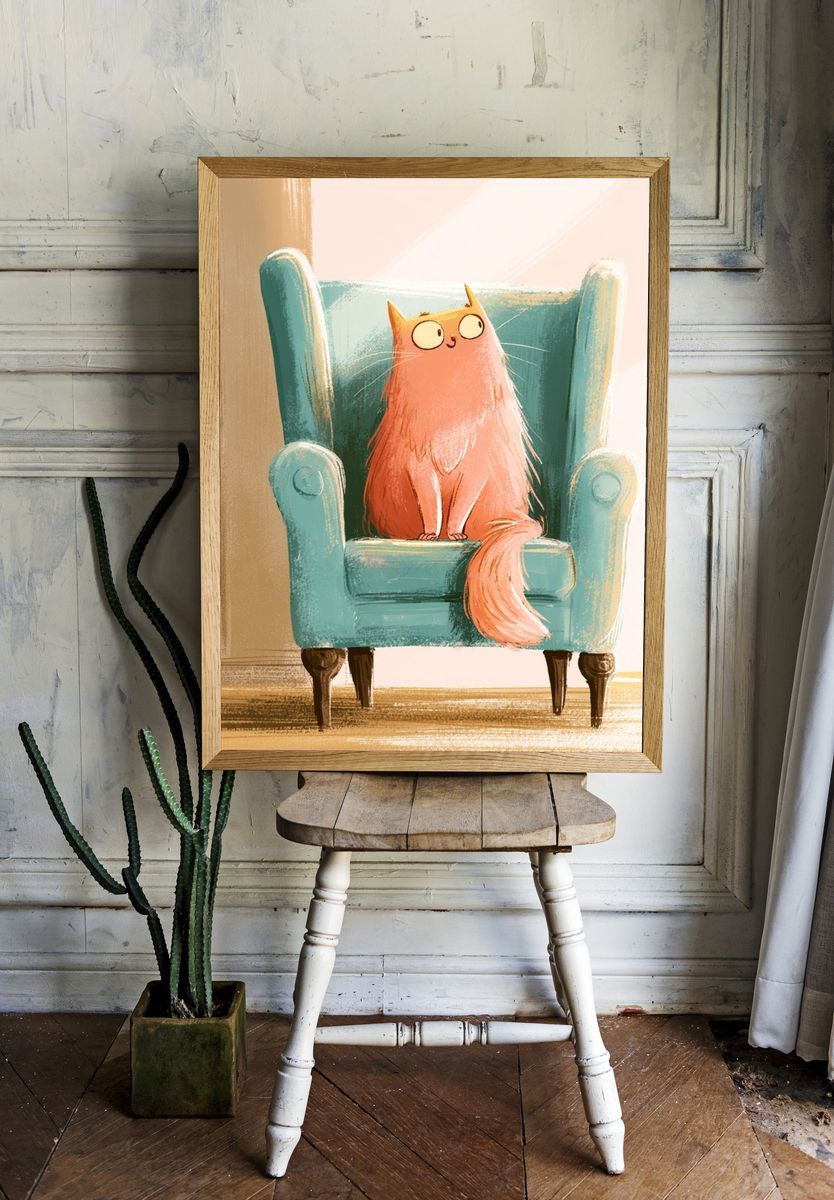 Cat in Armchair Illustration Poster. — room view 1