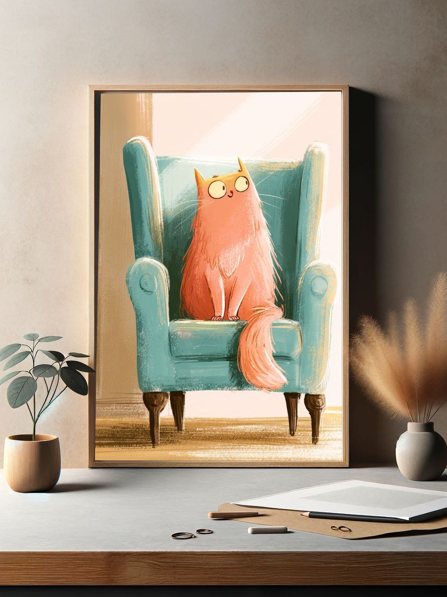 Cat in Armchair Illustration Poster. — room view 2