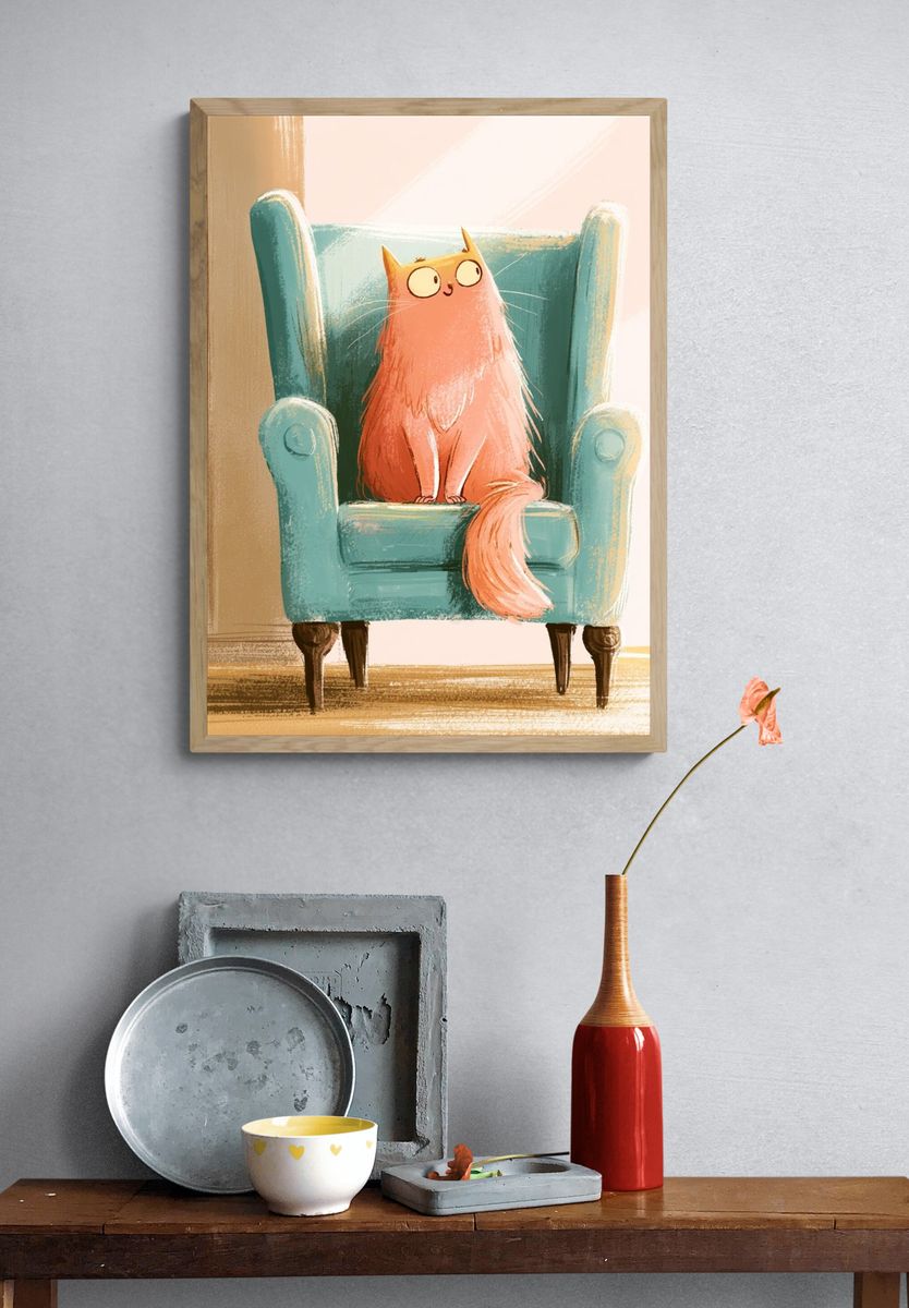 Cat in Armchair Illustration Poster. — room view 3