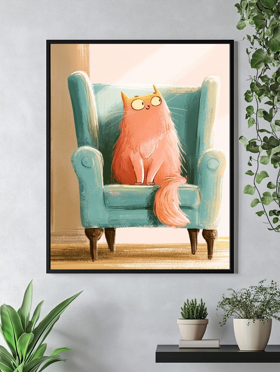 Cat in Armchair Illustration Poster. — room view 4