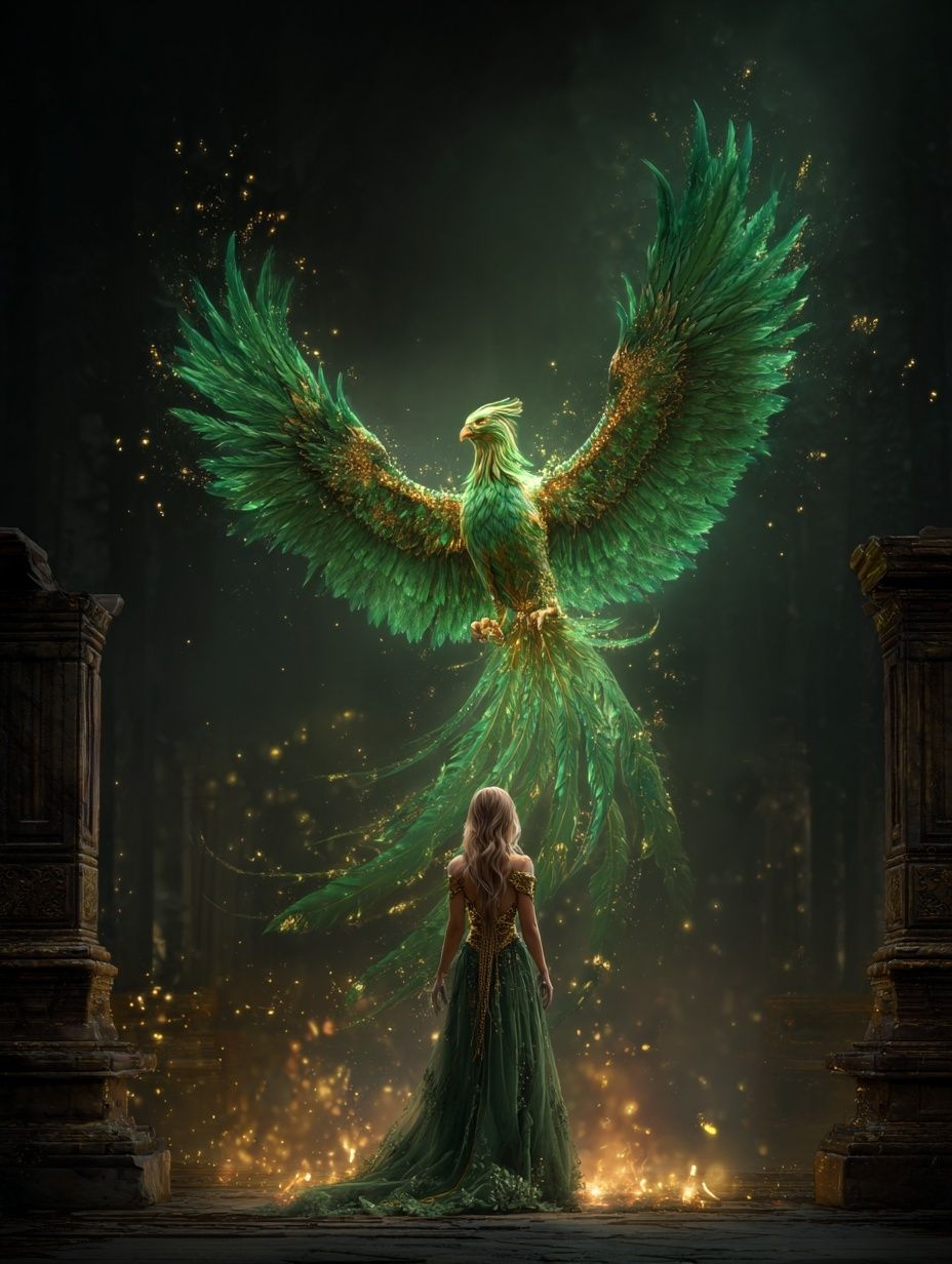 Emerald Phoenix Fantasy Print. poster — illustration art