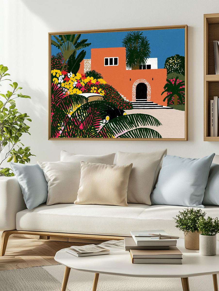 Tropical Villa Garden Illustration Print. — room view 2