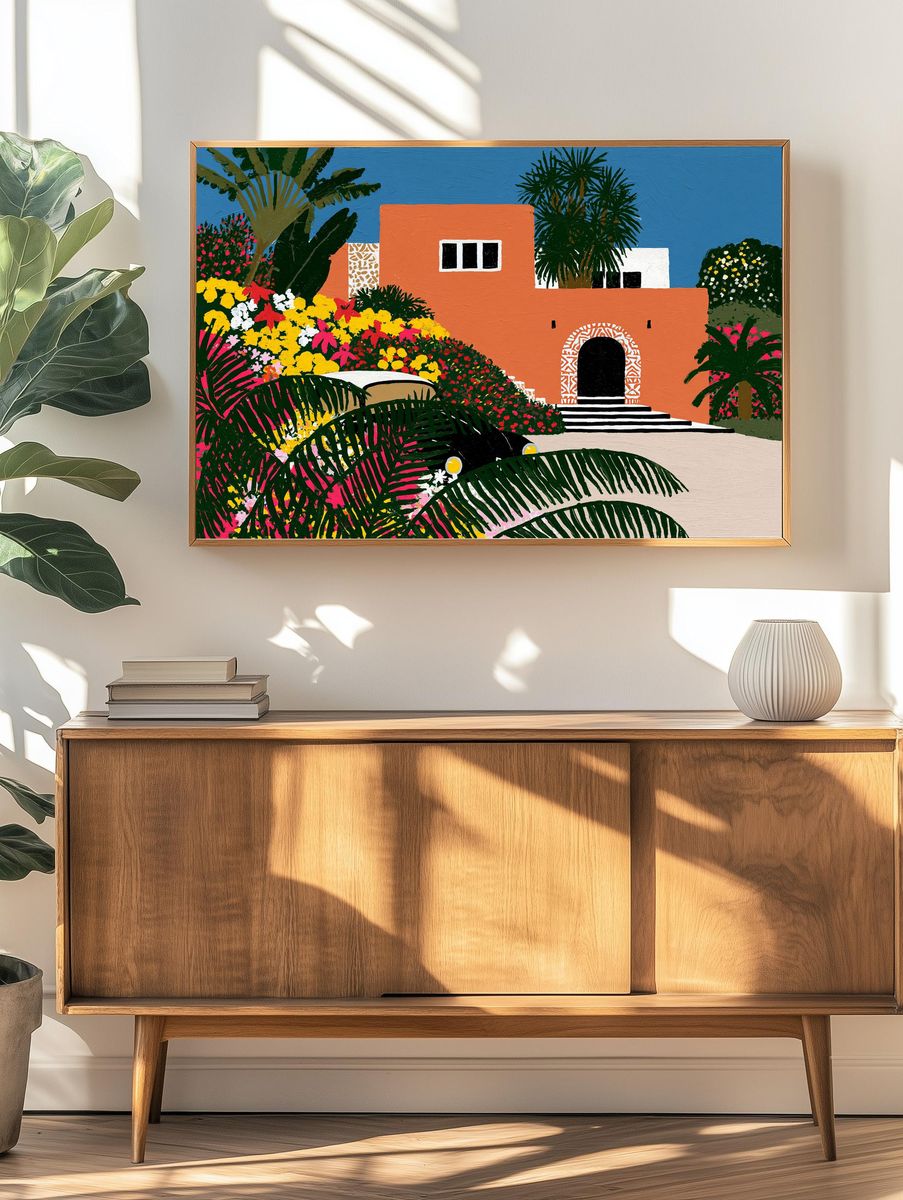 Tropical Villa Garden Illustration Print. — room view 3