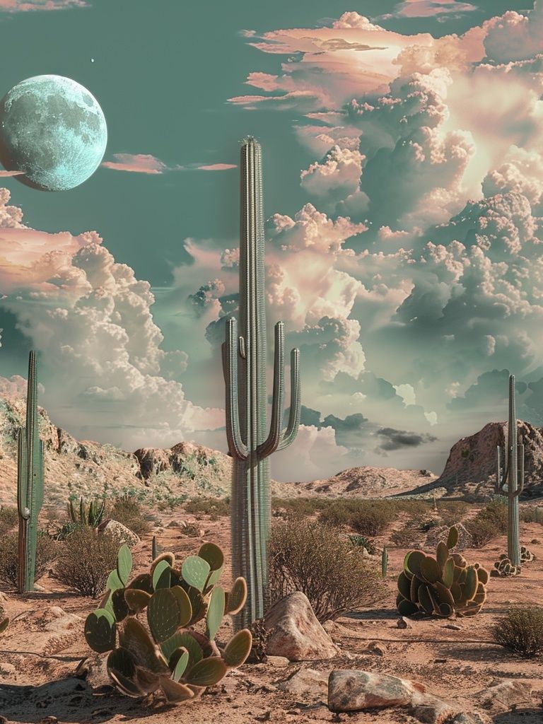 Surreal Desert Moon Cactus Poster. poster — illustration art