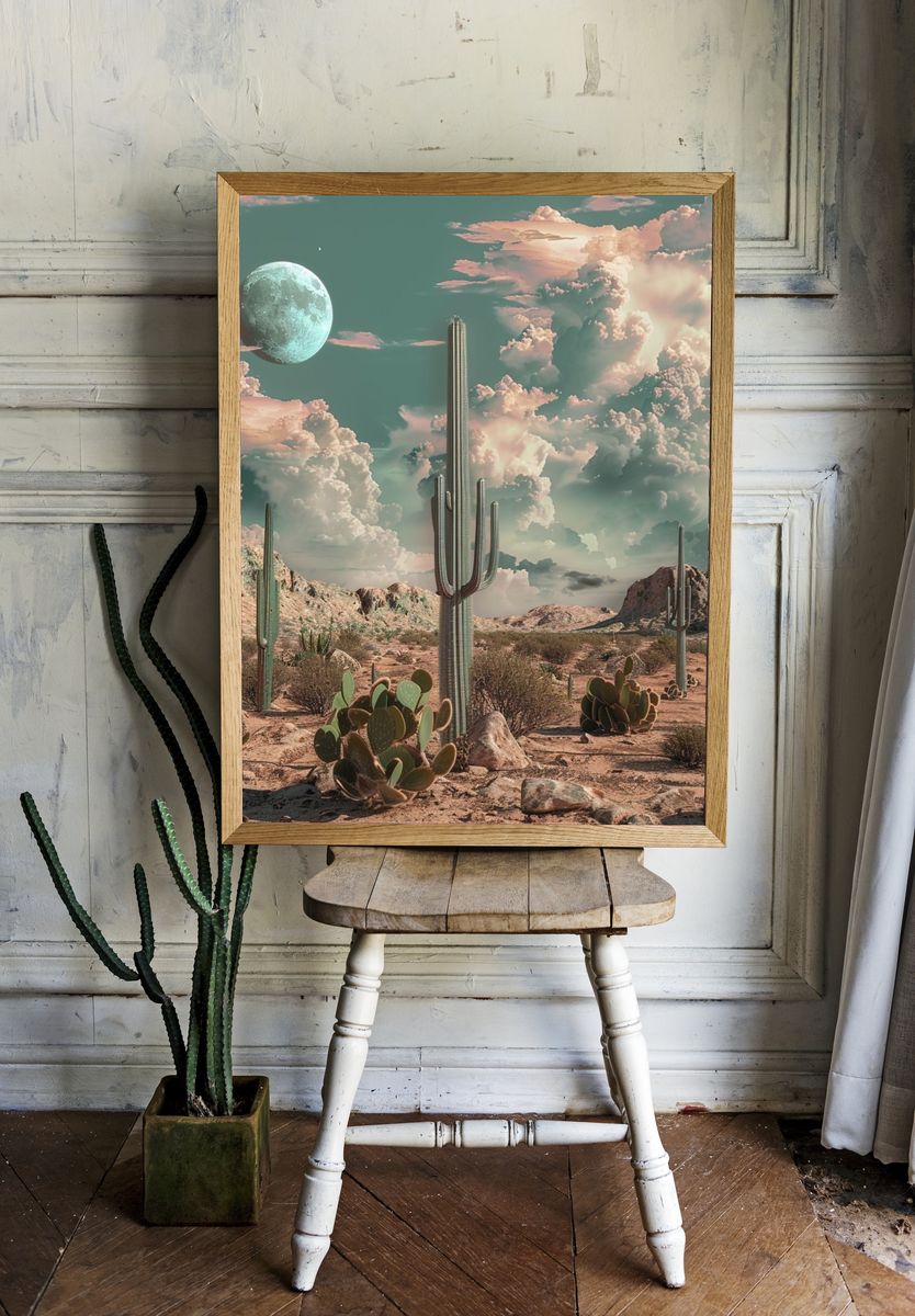Surreal Desert Moon Cactus Poster. room preview