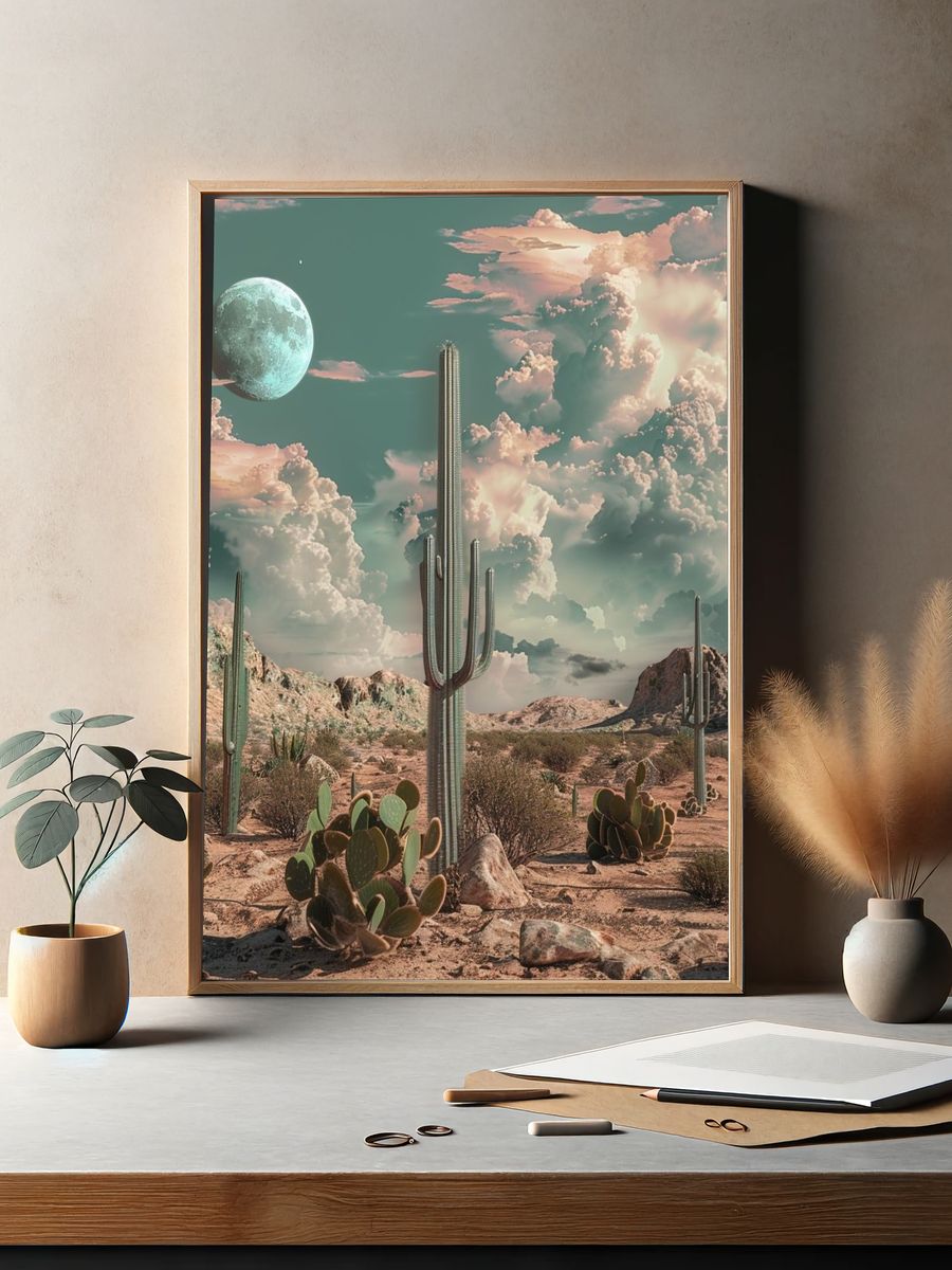 Surreal Desert Moon Cactus Poster. — room view 2