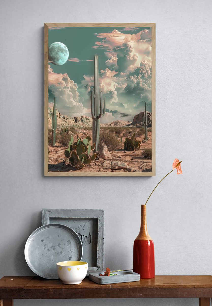 Surreal Desert Moon Cactus Poster. — room view 3