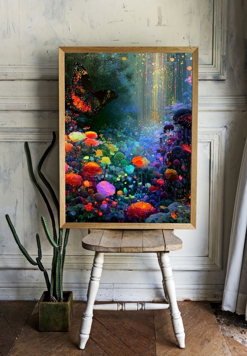 Enchanted Butterfly Garden Illustration Print. room preview