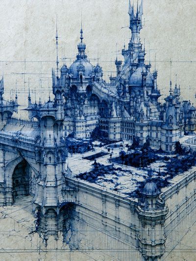 Blue Fantasy Castle Illustration Poster.