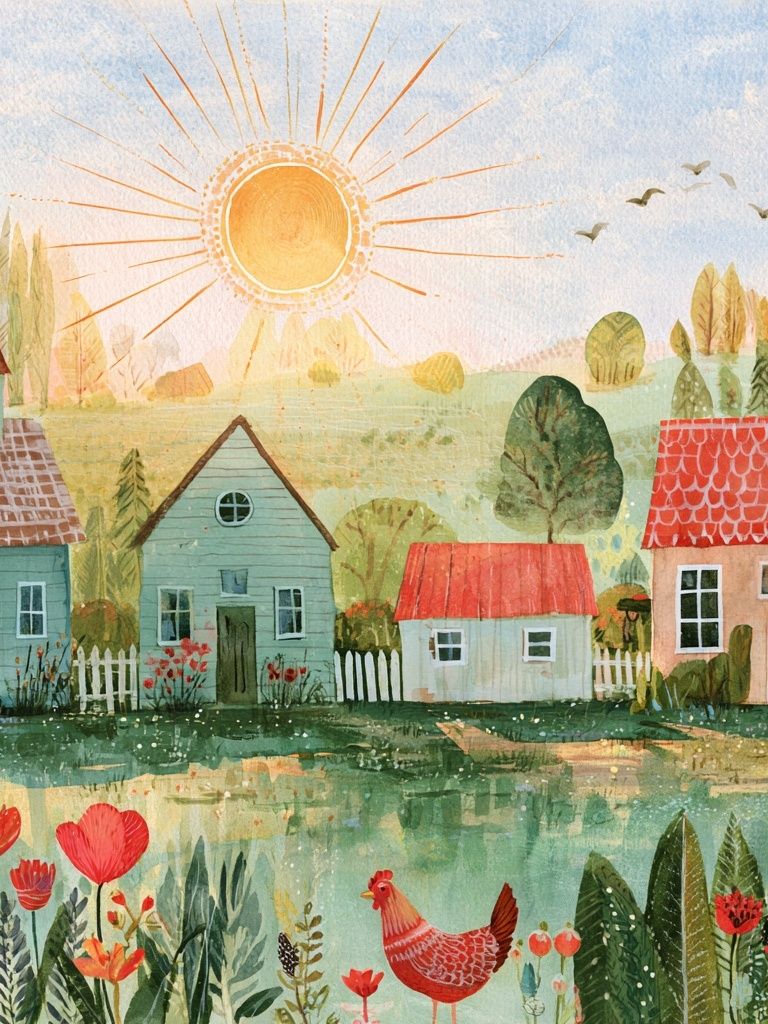 Sunny Village Watercolor Poster. poster detail