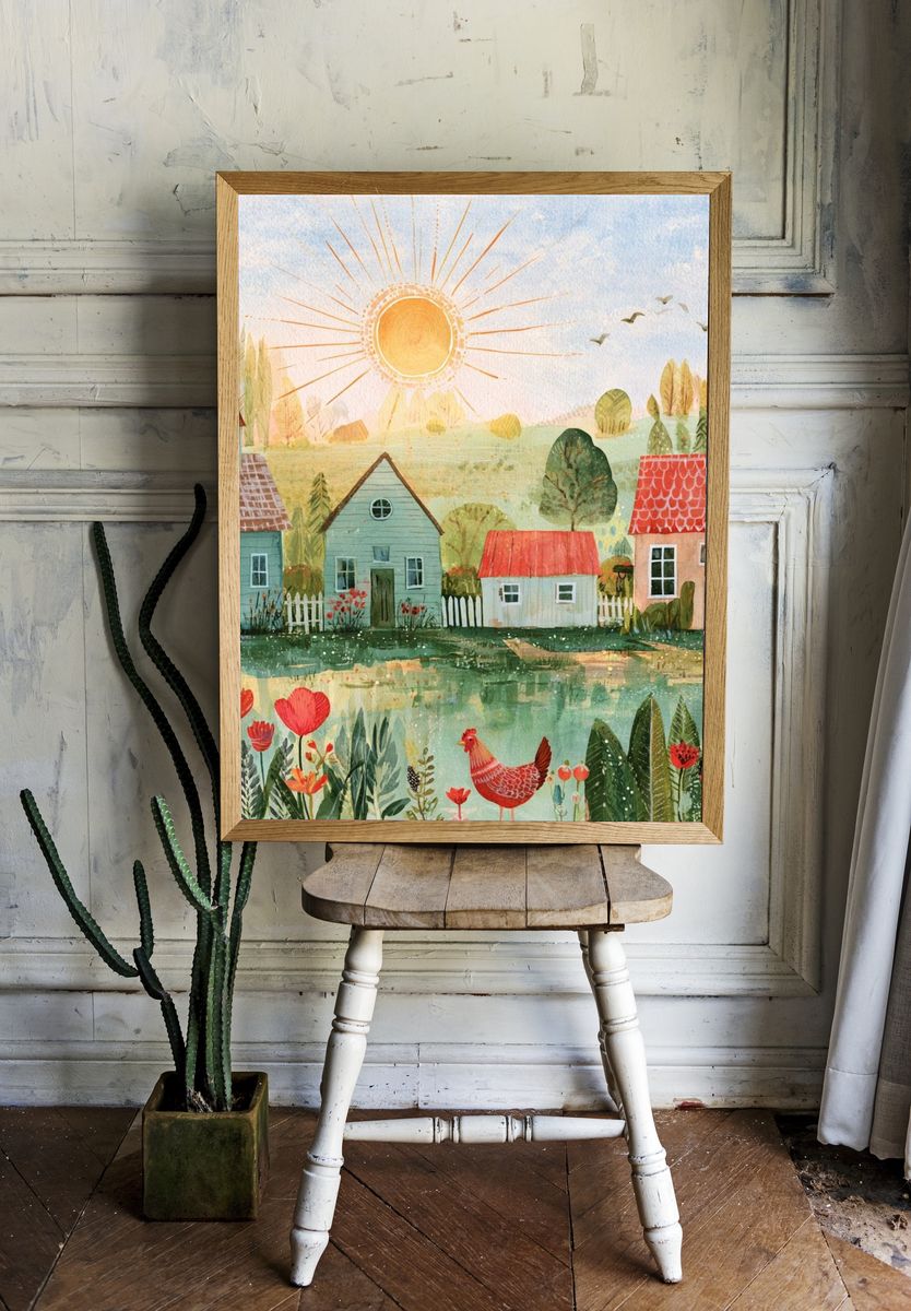 Sunny Village Watercolor Poster. — room view 1