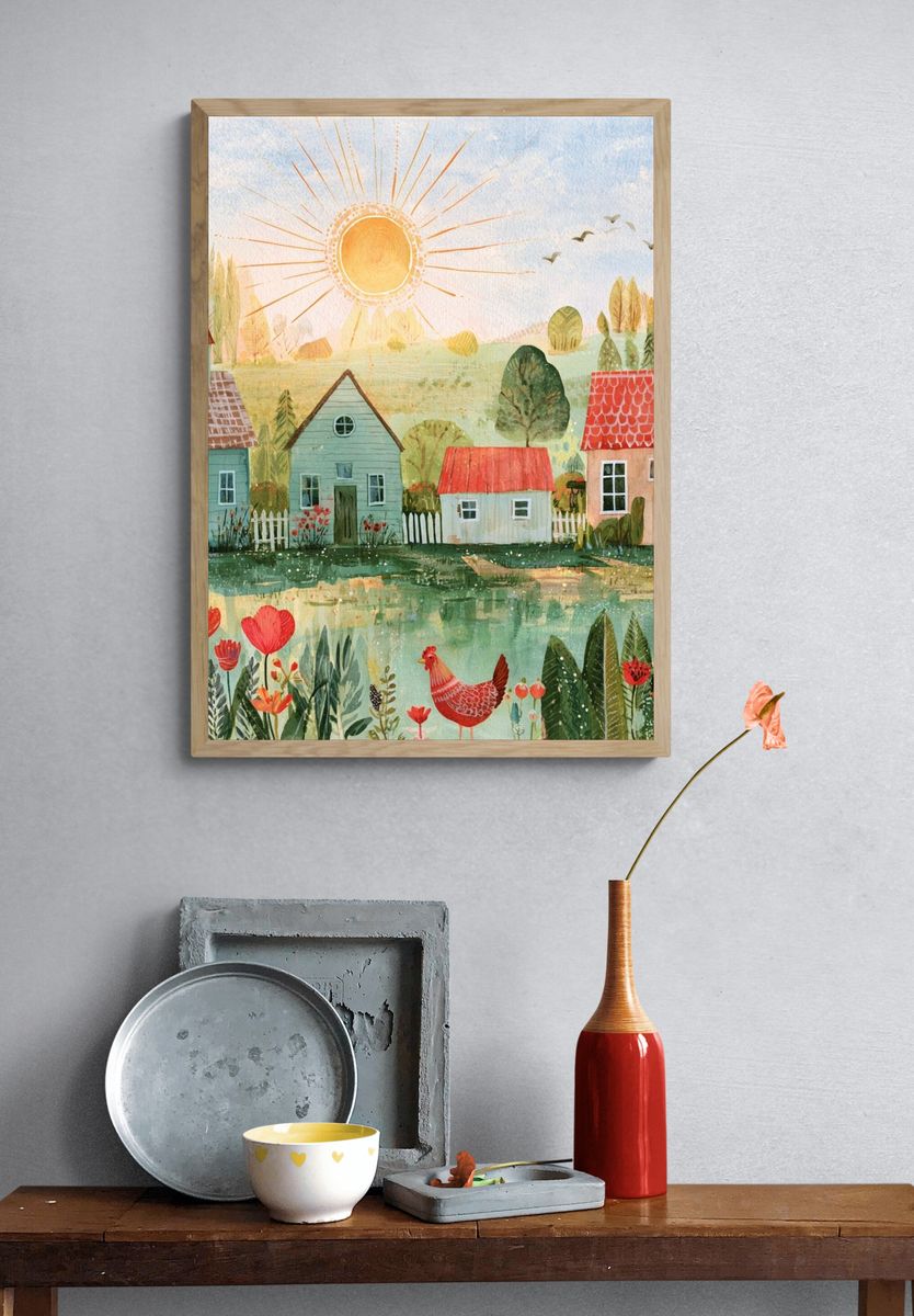 Sunny Village Watercolor Poster. — room view 3