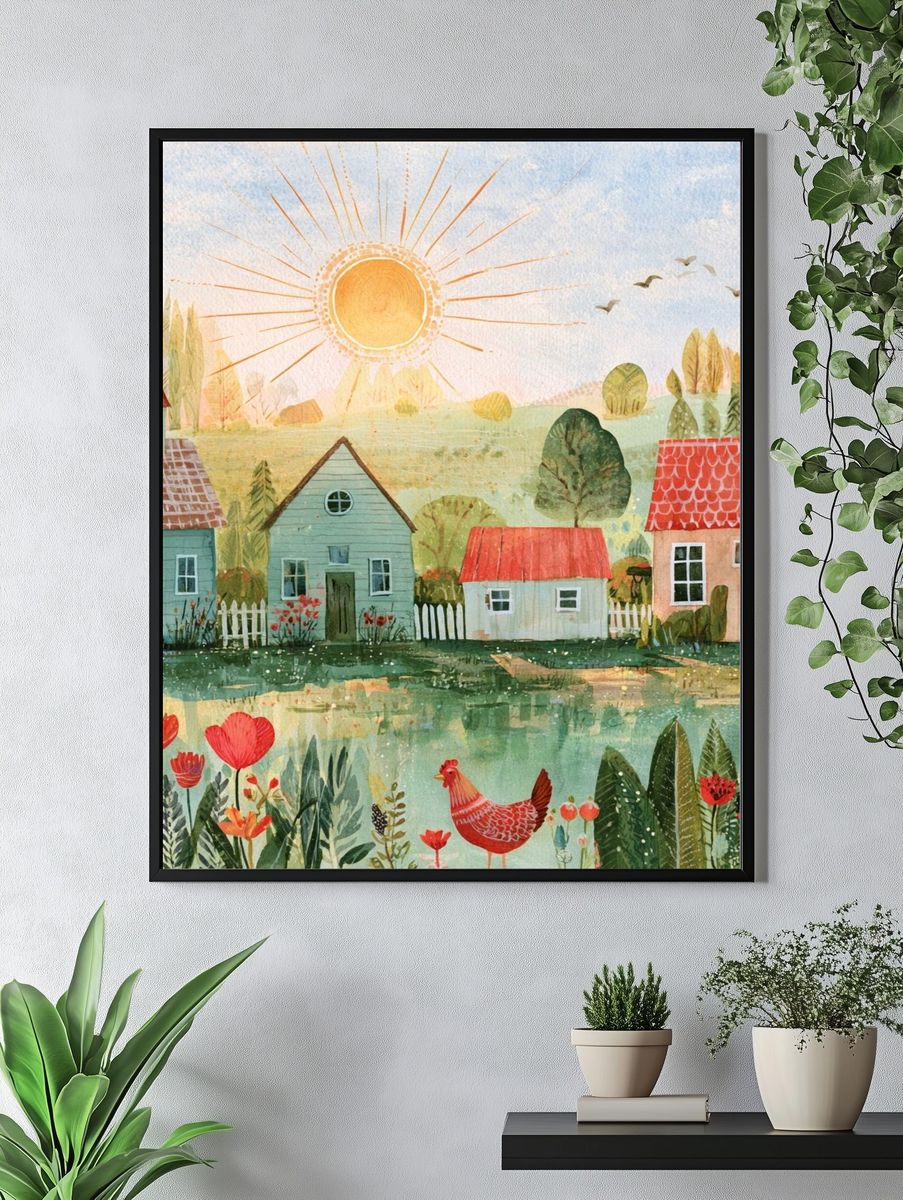 Sunny Village Watercolor Poster. — room view 4