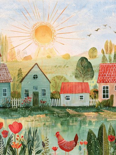 Sunny Village Watercolor Poster. poster