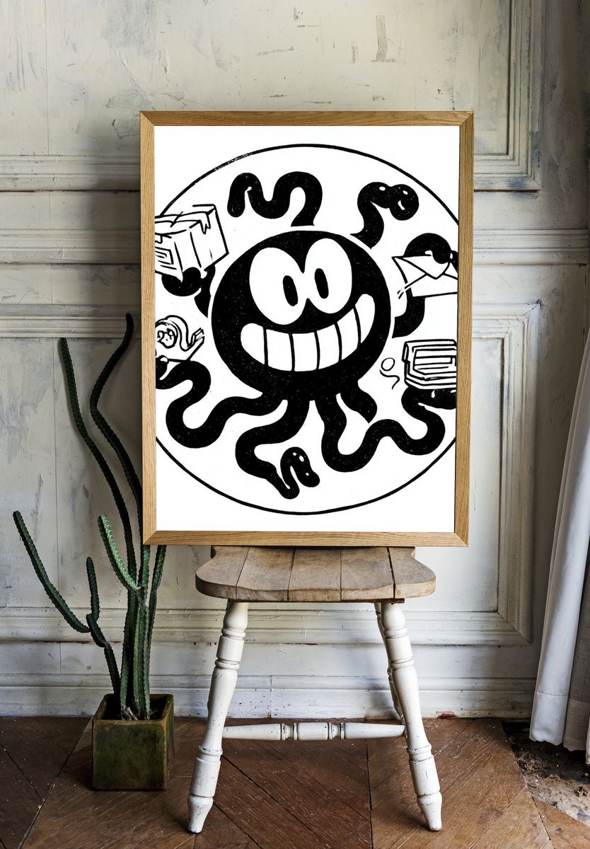 Smiling Octopus Cartoon Print. room preview