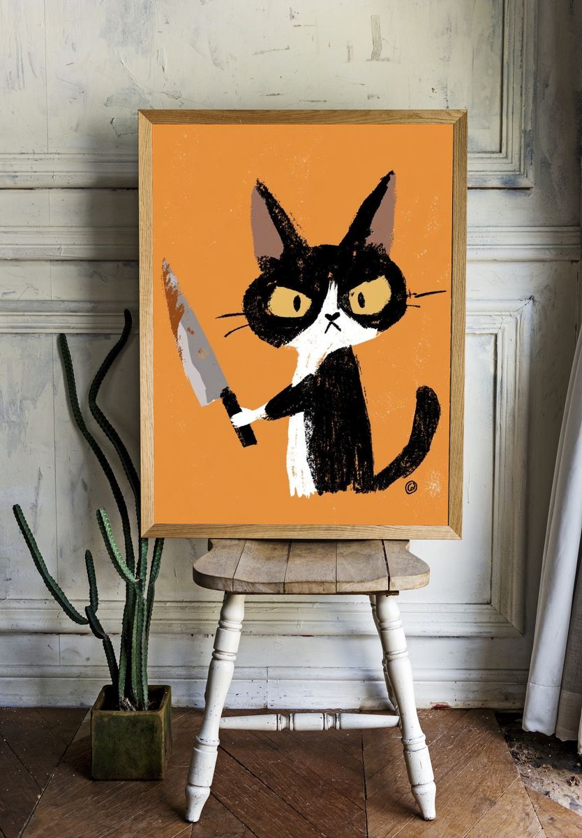 Grumpy Cat with Knife Illustration Poster. room preview