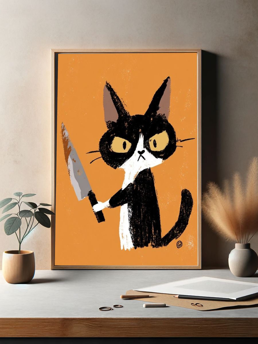 Grumpy Cat with Knife Illustration Poster. — room view 2