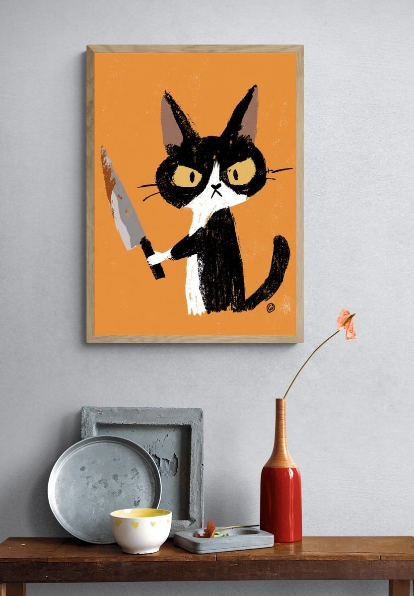 Grumpy Cat with Knife Illustration Poster. — room view 3