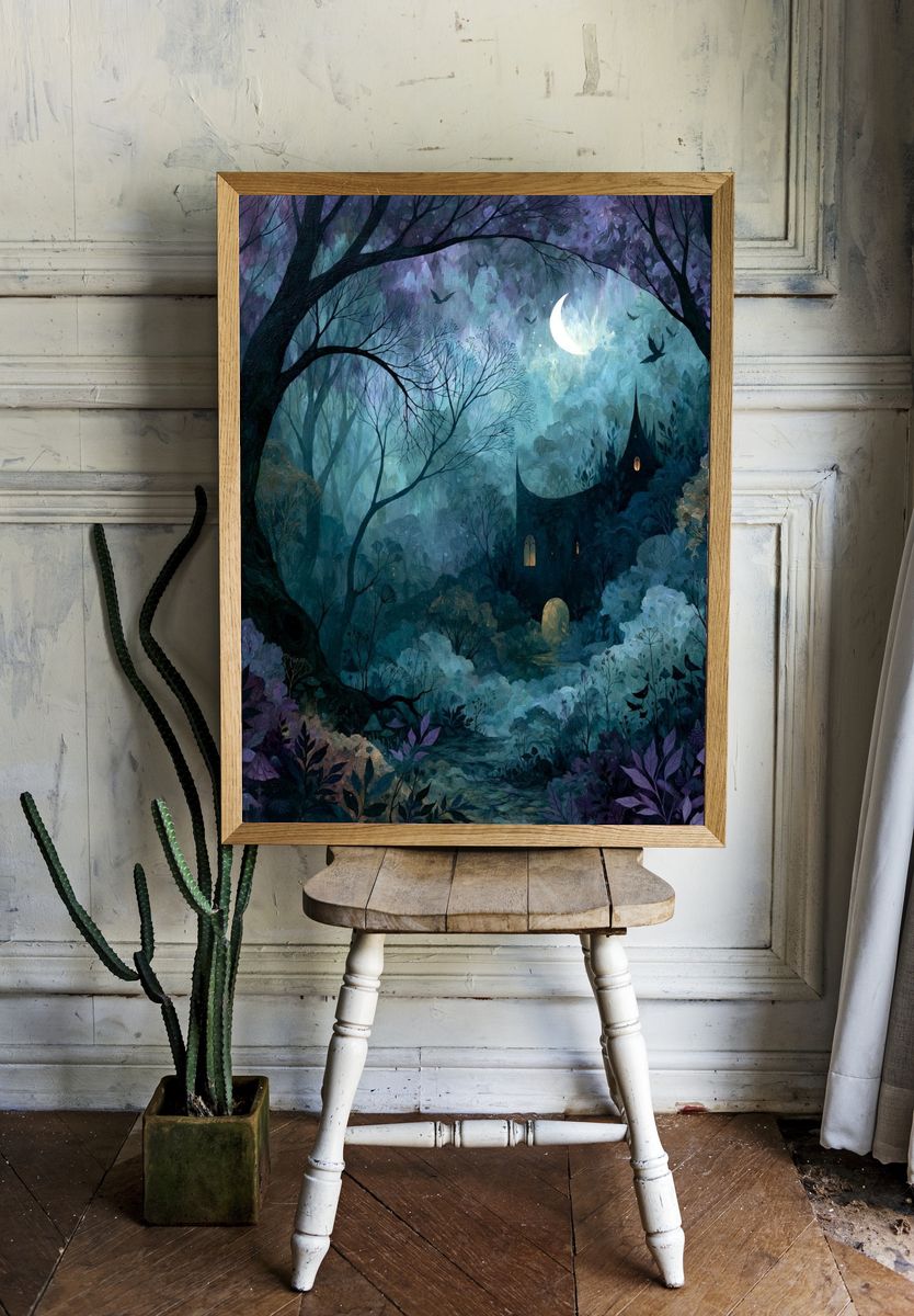 Moonlit Enchanted Forest Print. room preview