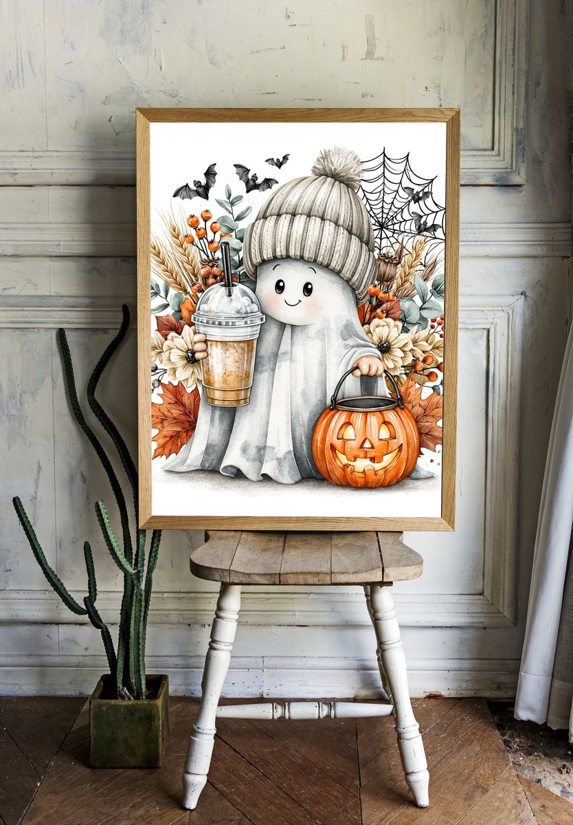 Cute Ghost Halloween Watercolor Poster. — room view 1
