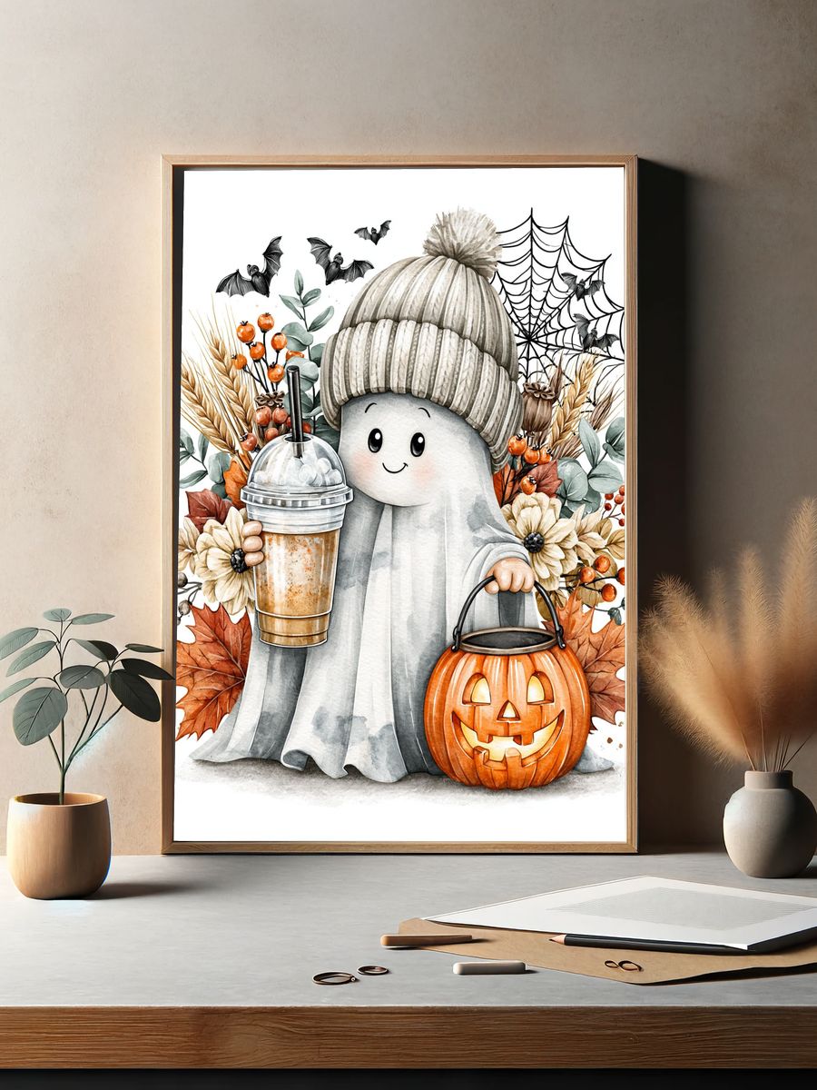 Cute Ghost Halloween Watercolor Poster. — room view 2