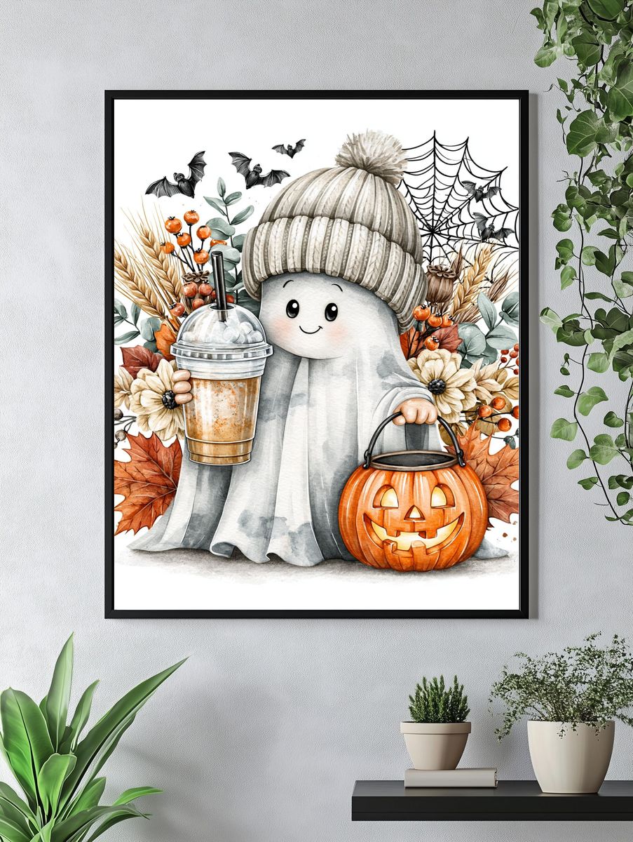 Cute Ghost Halloween Watercolor Poster. — room view 4