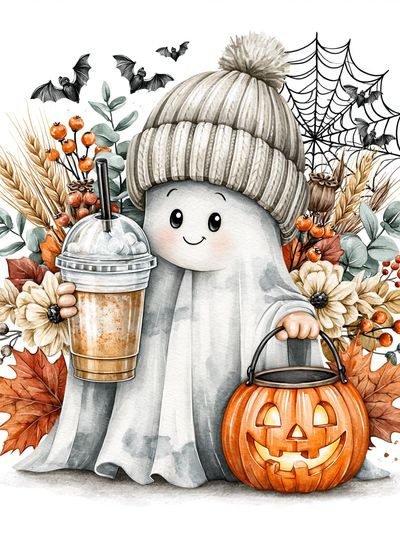 Cute Ghost Halloween Watercolor Poster. poster