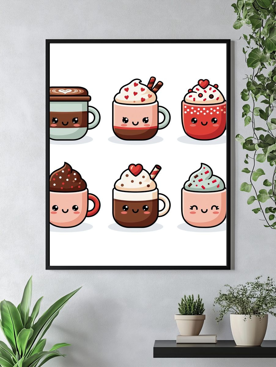 Cute Hot Chocolate Mugs Illustration Poster. — room view 4