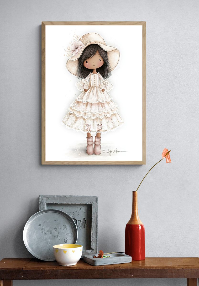 Boho Girl in Lace Dress Illustration Poster. — room view 3