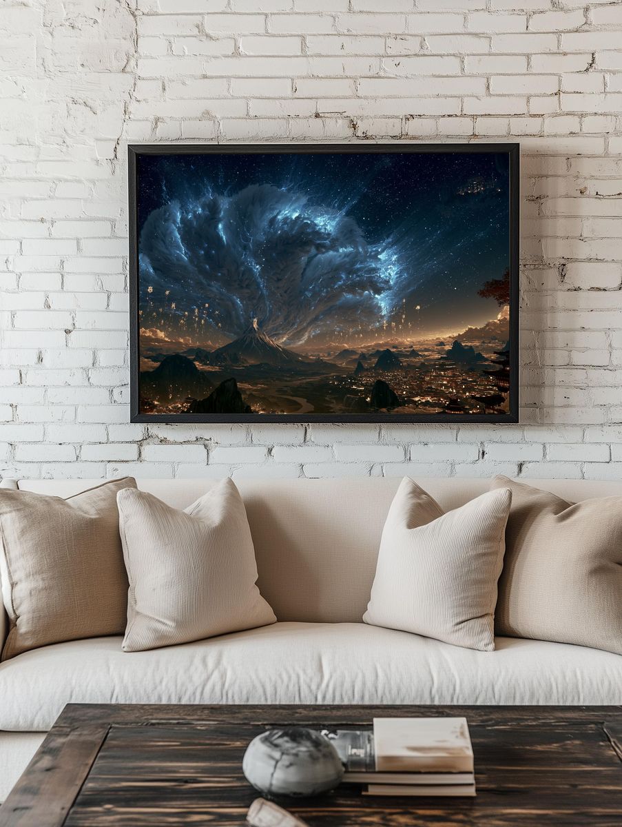 Celestial Mountain Storm Fantasy Print. room preview