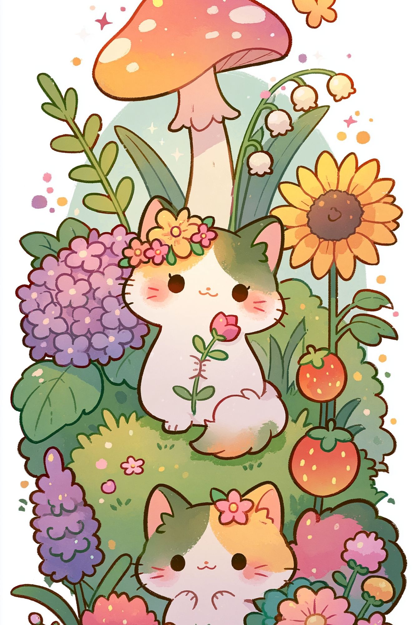 Kawaii Garden Cats Illustration Poster. poster — illustration art