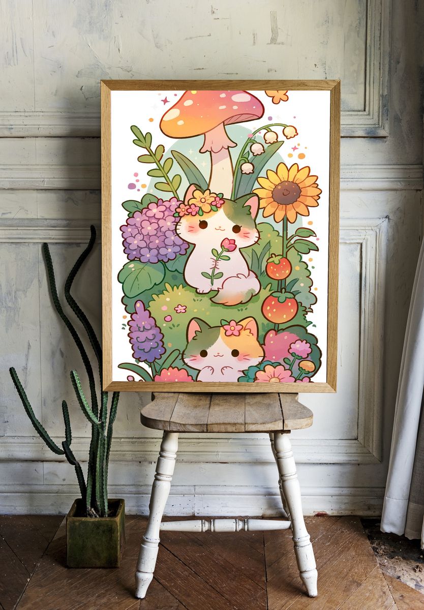 Kawaii Garden Cats Illustration Poster. room preview