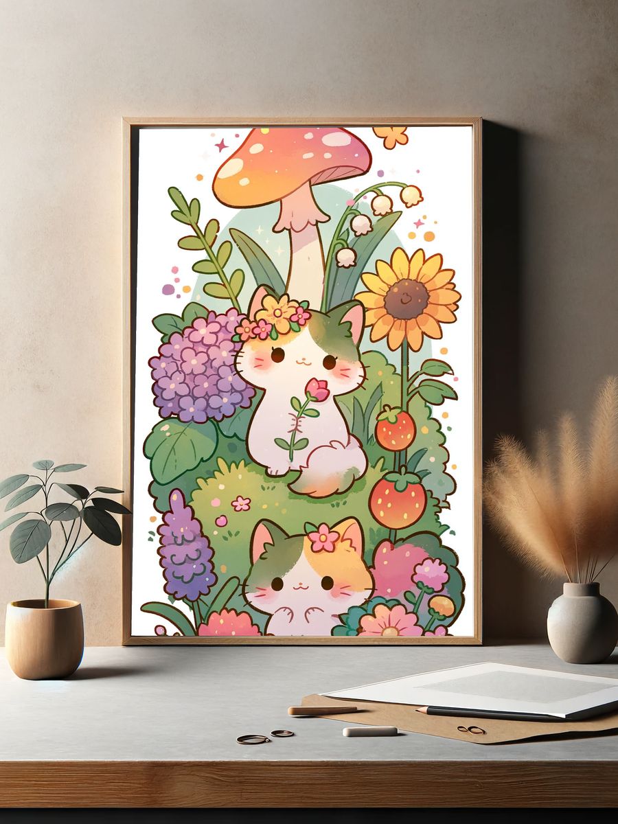 Kawaii Garden Cats Illustration Poster. — room view 2