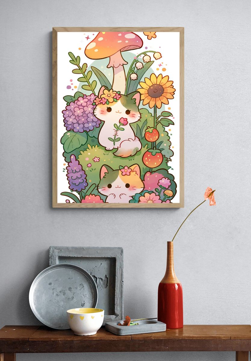Kawaii Garden Cats Illustration Poster. — room view 3