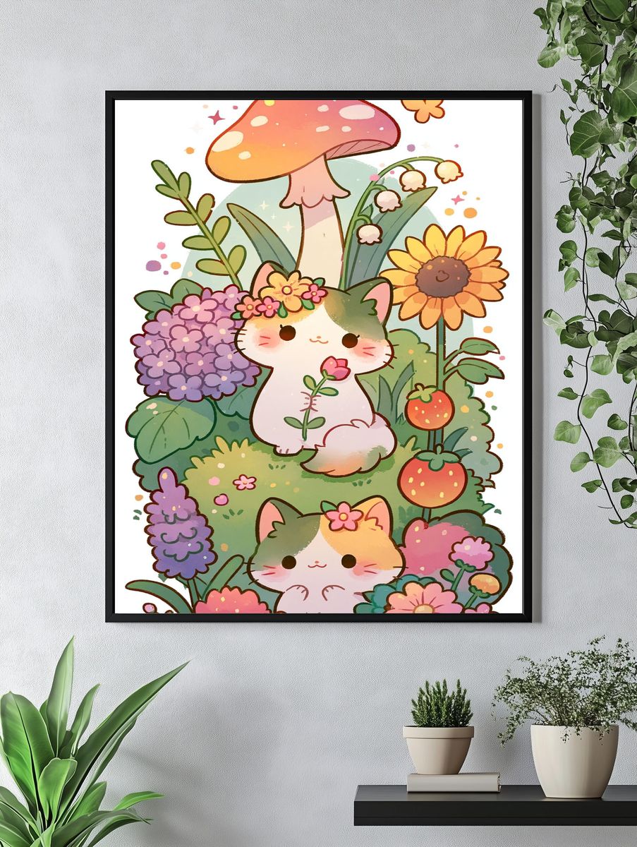 Kawaii Garden Cats Illustration Poster. — room view 4