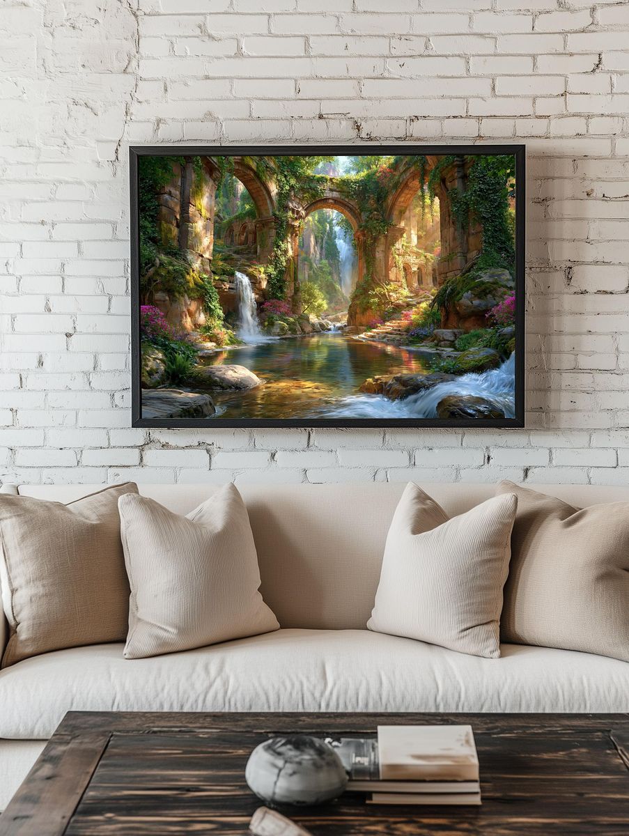 Enchanted Ruins Waterfall Print. room preview