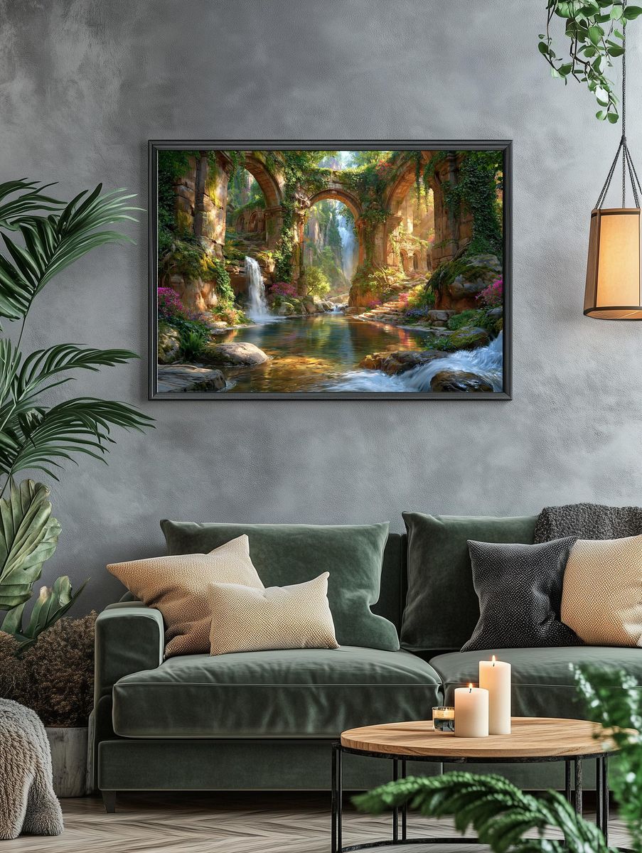 Enchanted Ruins Waterfall Print. — room view 4