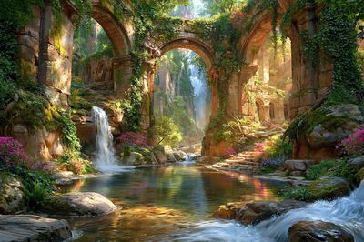 Enchanted Ruins Waterfall Print. poster print